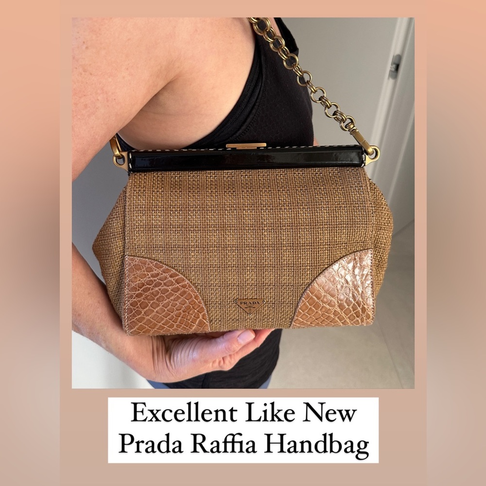 Authentic Prada Like New Raffia/Croc Trim w/Antique Brass Detachable Chain.